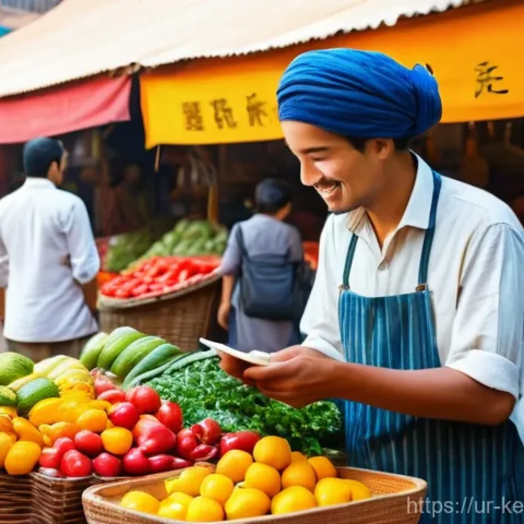 학습 중심 여행에서 교훈을 최대화하는 법 - **A Traveler's Cultural Exchange in a Bustling Market**
A young adult, male or female, with a fr...