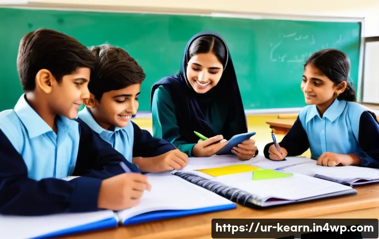 교사와 학생의 협력적 여행 계획 - A bright and engaging classroom scene in a modern Pakistani school where a diverse group of male and...
