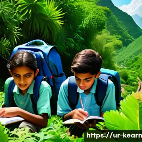 Home 32 여행을 통한 STEM 교육의 기회 - A group of curious children and teenagers exploring a lush green forest in Pakistan, wearing casual ...