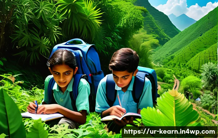 여행을 통한 STEM 교육의 기회 - A group of curious children and teenagers exploring a lush green forest in Pakistan, wearing casual ...