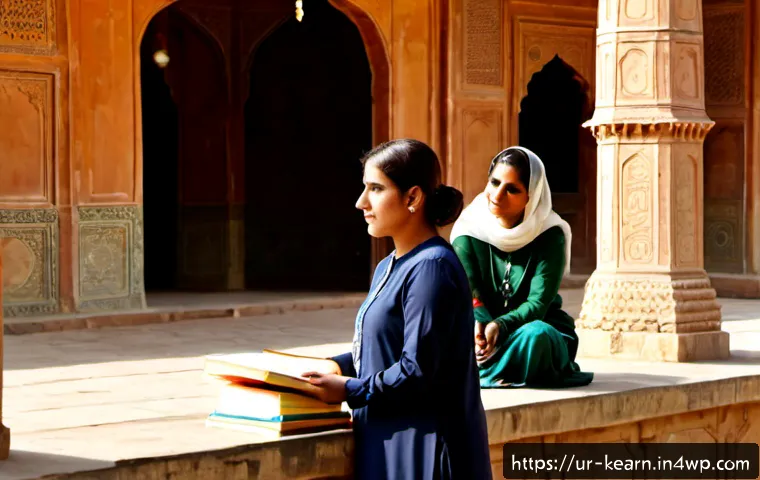 Home 17 학습 중심 여행의 교육적 이점 - Photorealistic educational travel scene in Lahore, a Pakistani university student and an older femal...